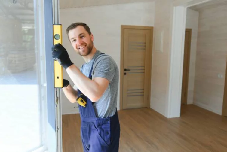 Fenstermonteur prüft einen Fensterrahmen mit Wasserwaage – Eitner Fenster und Türen in Hennef.